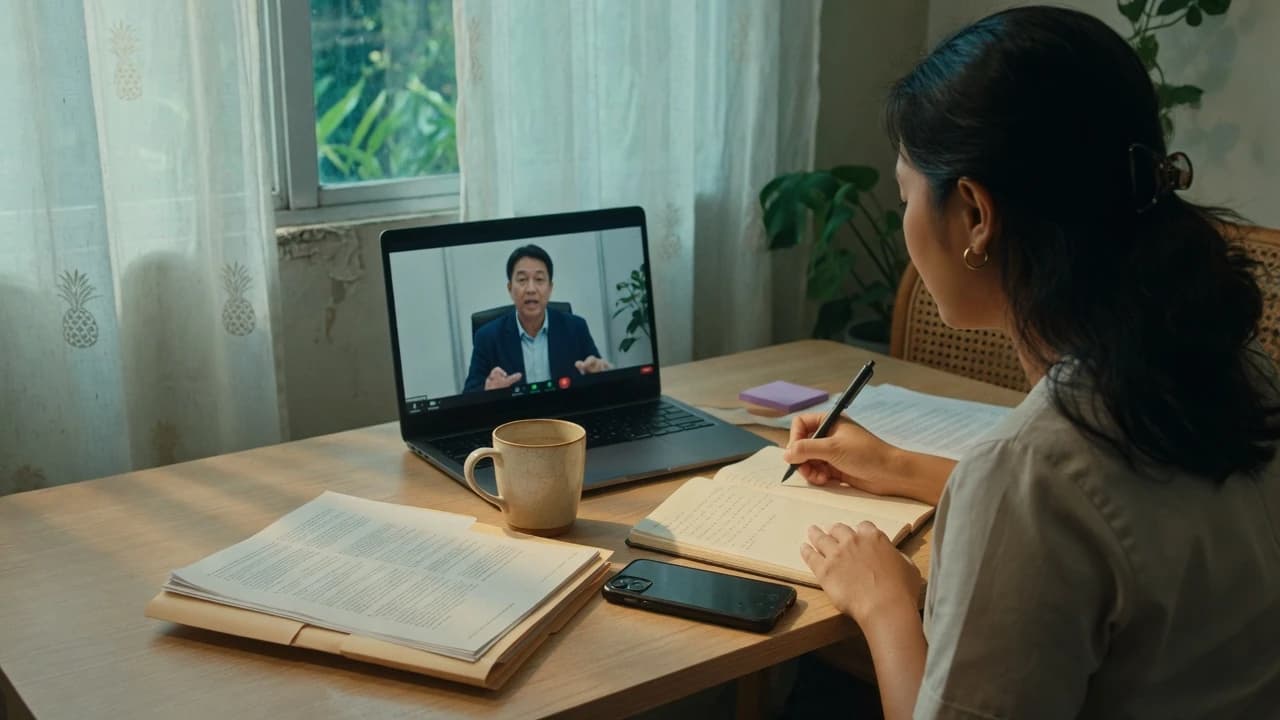 Illustrative scene of a person taking notes during an online legal consultation
