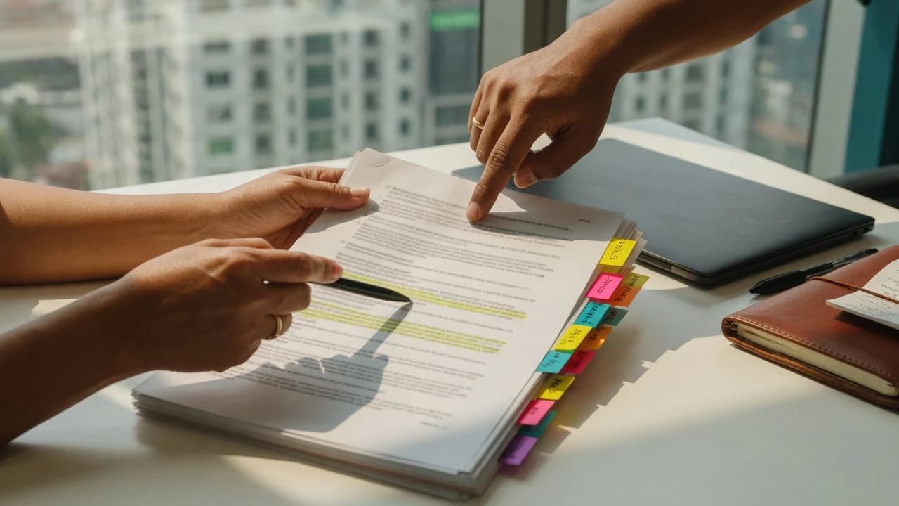 Illustrative scene of two people reviewing a tabbed contract